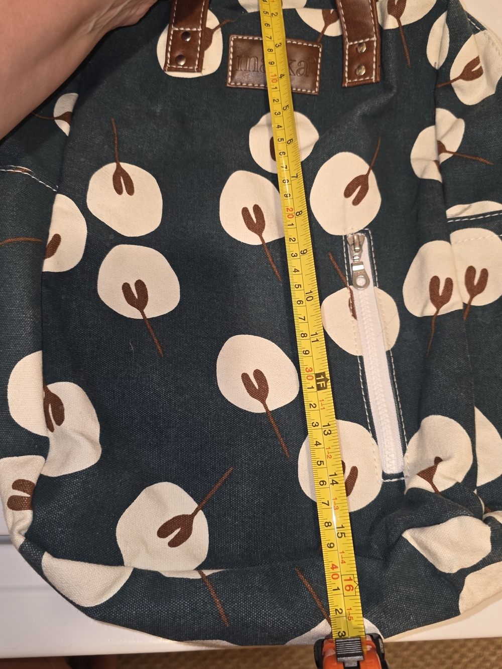 Maika Teal Canvas Backpack with Cream Floral Print and Brown Leather Handles - Picture 5 of 6